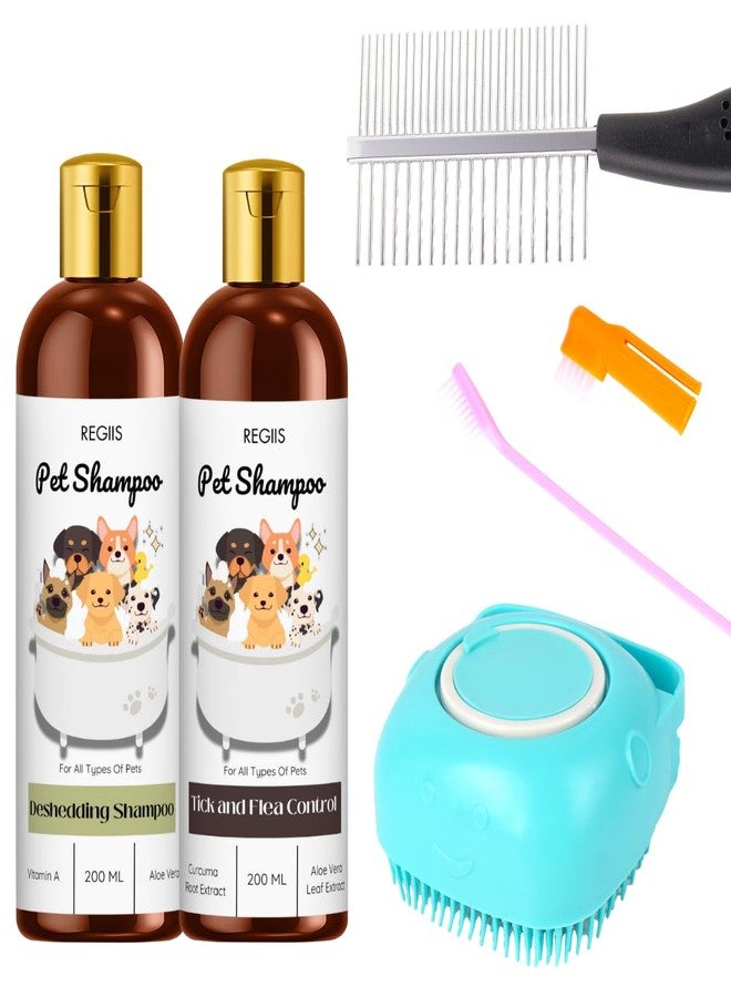 مجموعة شامبو للحيوانات الأليفة بتركيبة لإزالة الشعر الزائد ومكافحة القراد، زجاجات سعة 200 مل، مكونات طبيعية، تتضمن فرشاة ومشط للعناية بالحيوانات الأليفة (عبوة من 5 قطع) - Image 1